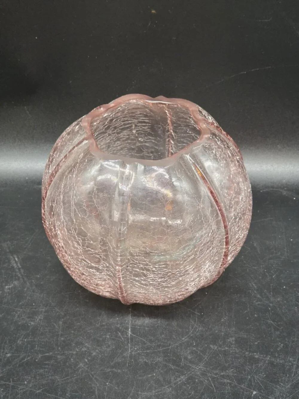 Pink Crackle Art Glass Rose Bowl Or Candle Holder Manganese Glows Purple Boho